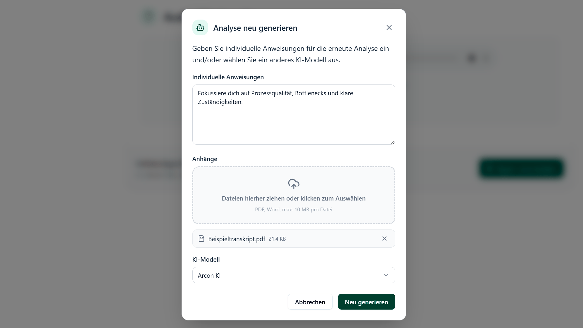 Reprompting-Menü im Meeting Agent