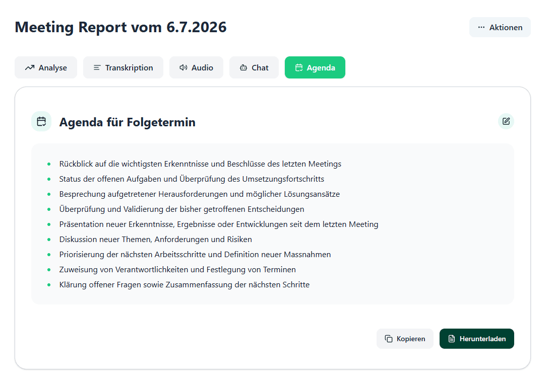 Automatisch generierte Follow-up-Agenda im Meeting Agent