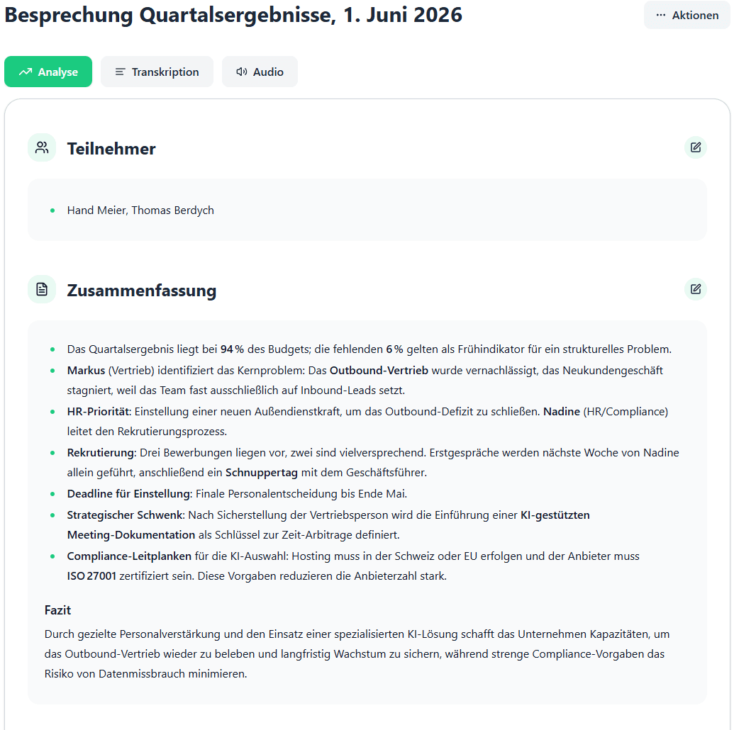 Strukturierte Analyse-Ergebnisse im Meeting Agent: Zusammenfassung, Erkenntnisse, Aufgaben