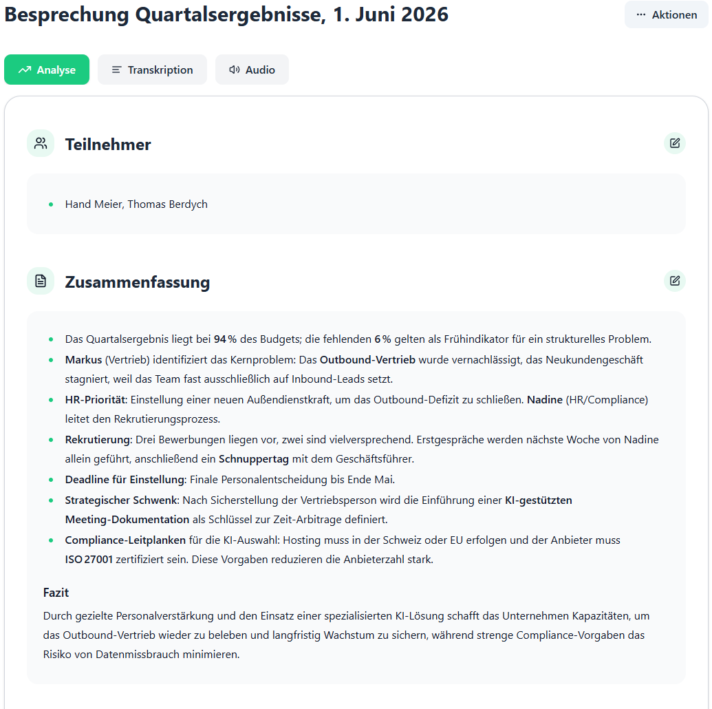 Beispiel eines automatisch generierten Sitzungsprotokolls in Meeting Agent